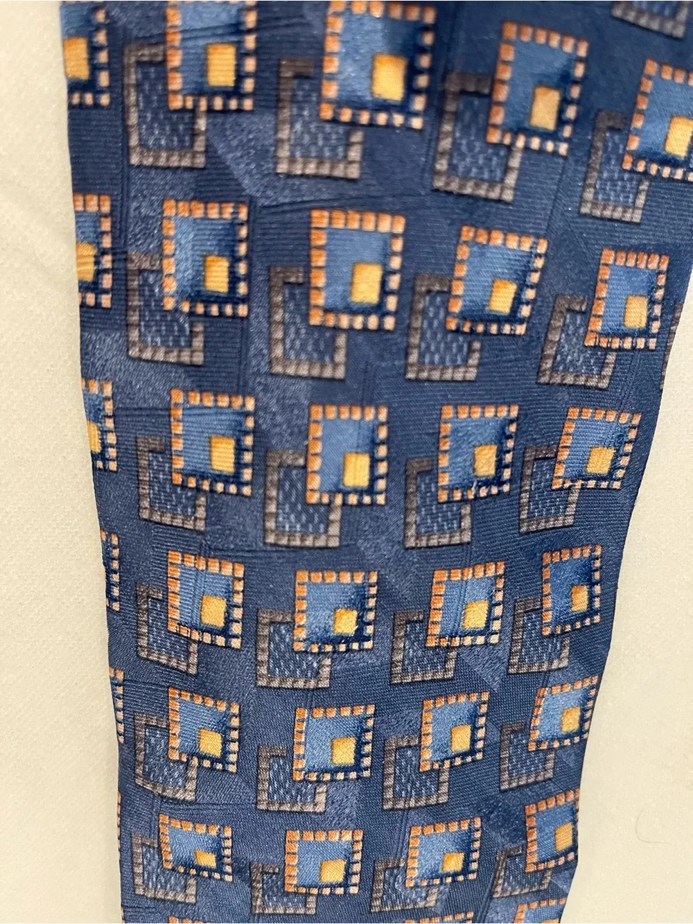 Ermenegildo Zegna Blue Silk Tie with Tan Geometric Squares